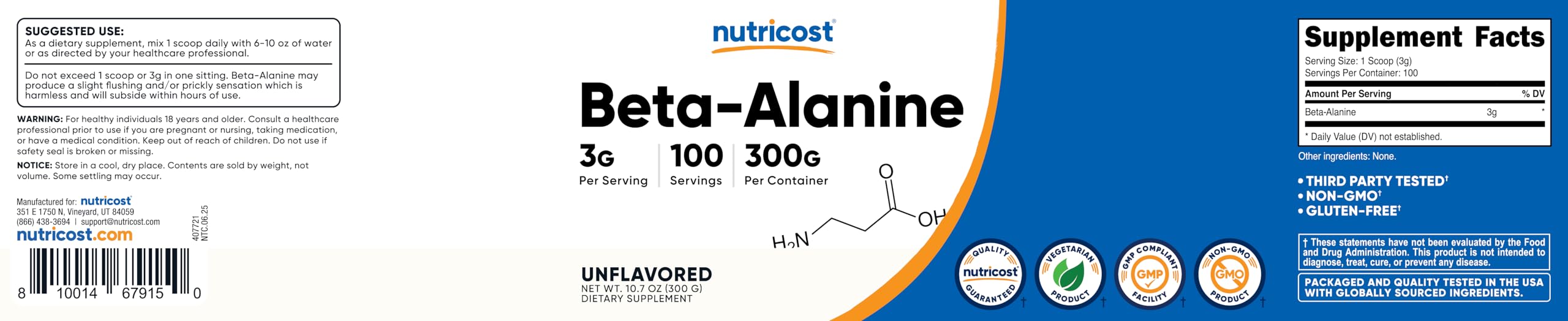 Product packaging and branding for Nutricost Beta-Alanine Powder