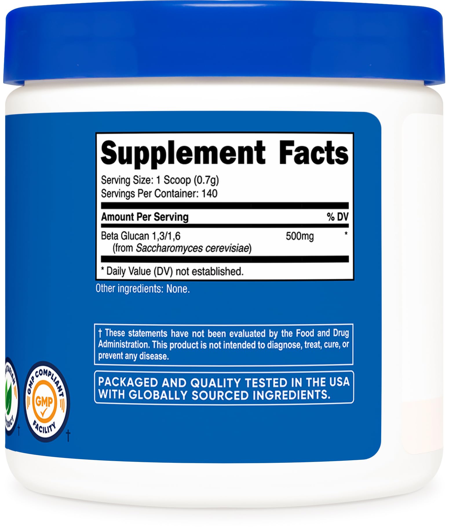 Ingredients and nutrition facts for Nutricost Beta Glucan Powder