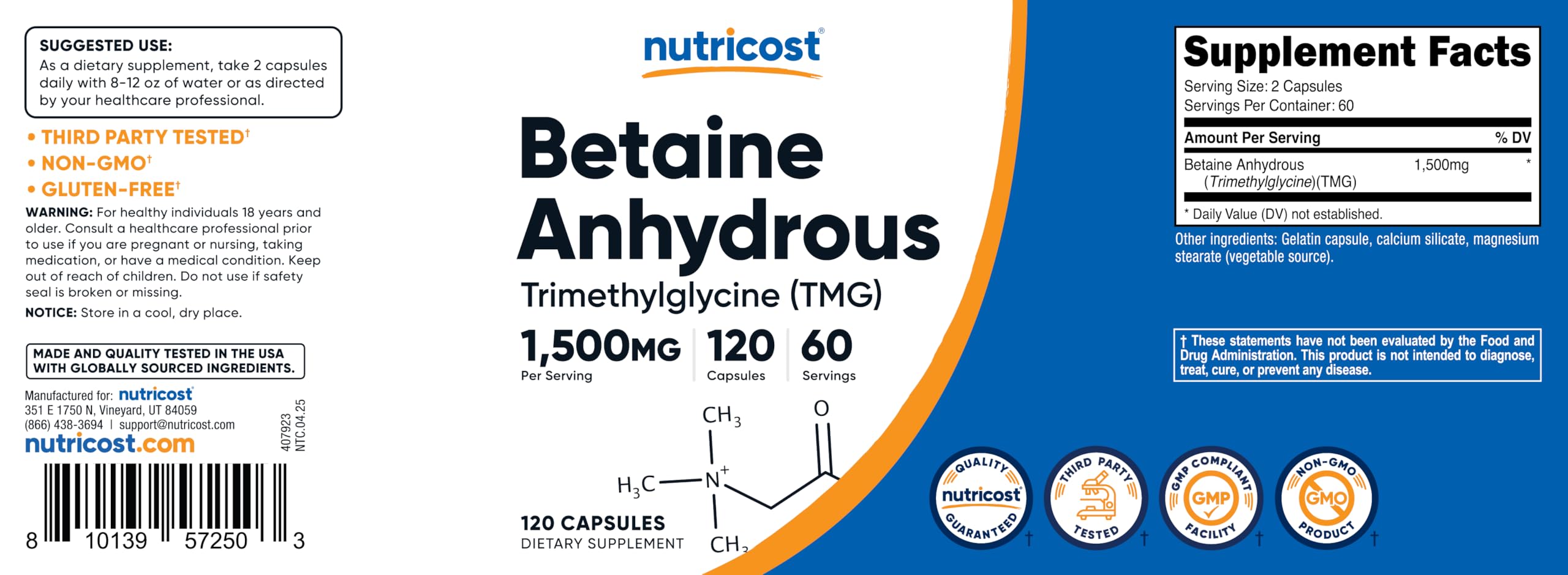 Bottle of Nutricost Betaine Anhydrous with 120 capsules