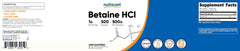 Supplement facts panel for Nutricost Betaine HCl Powder 500g