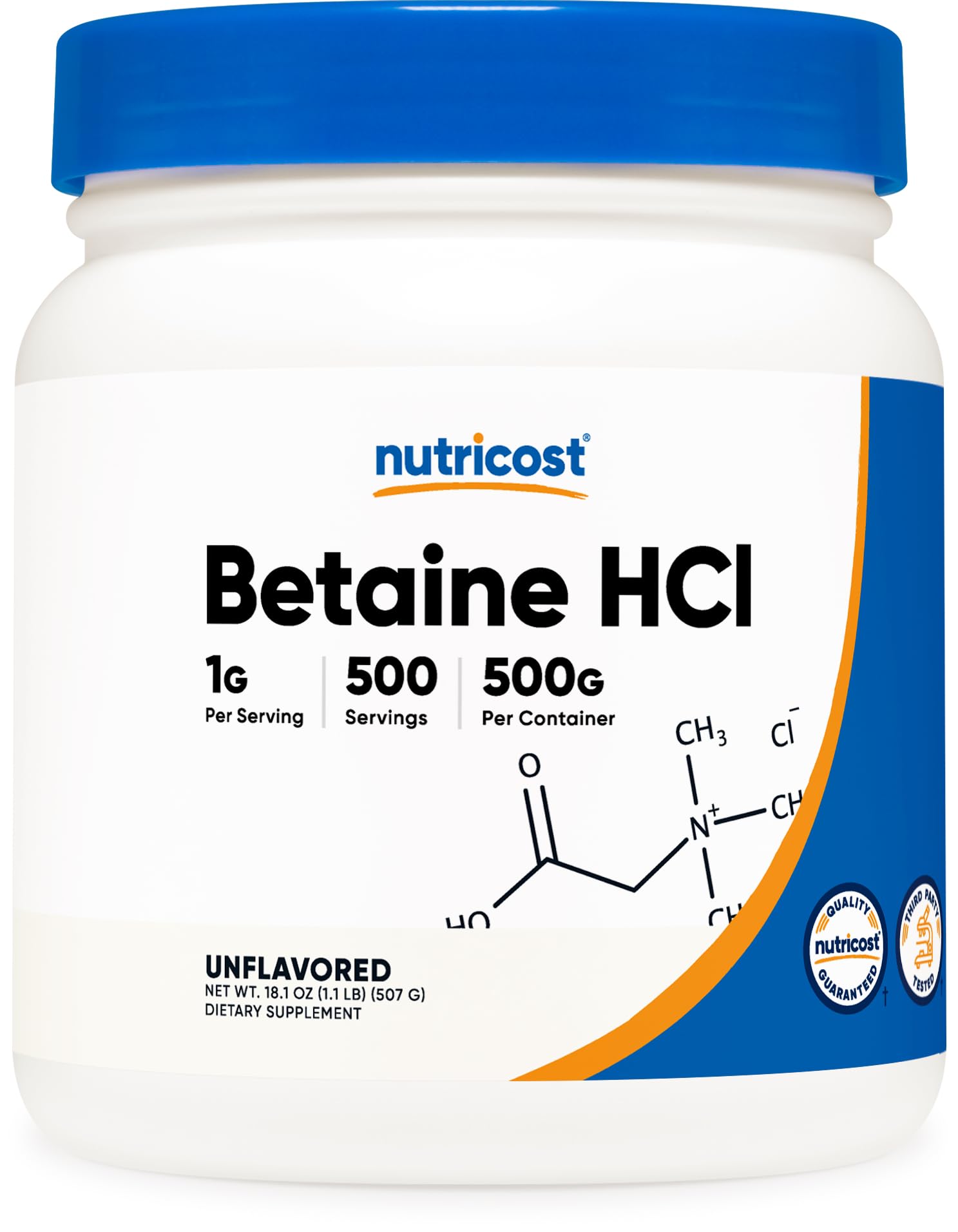 Front view of Nutricost Betaine HCl Powder 500g bottle