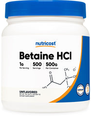Front view of Nutricost Betaine HCl Powder 500g bottle