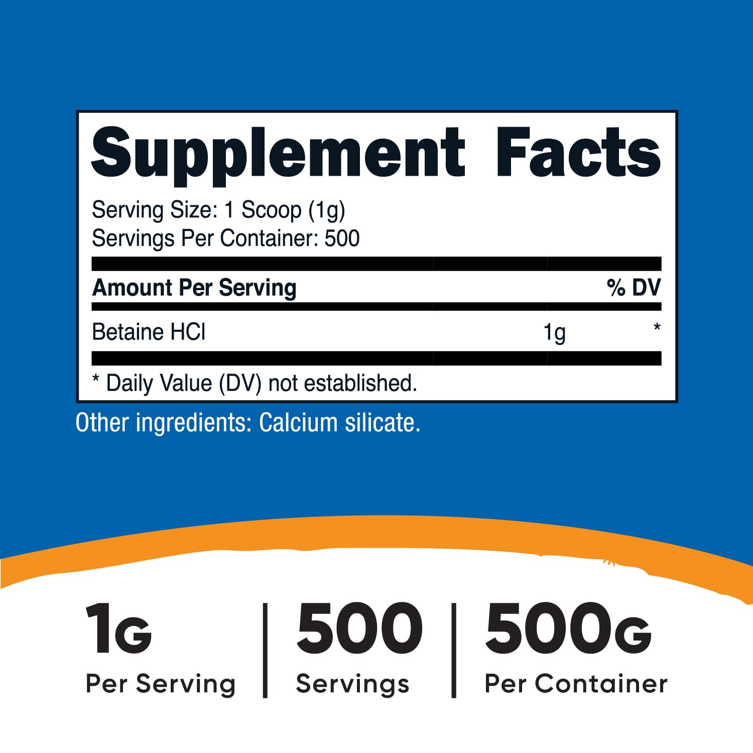 Nutrition facts label on Nutricost Betaine HCl Powder 500g
