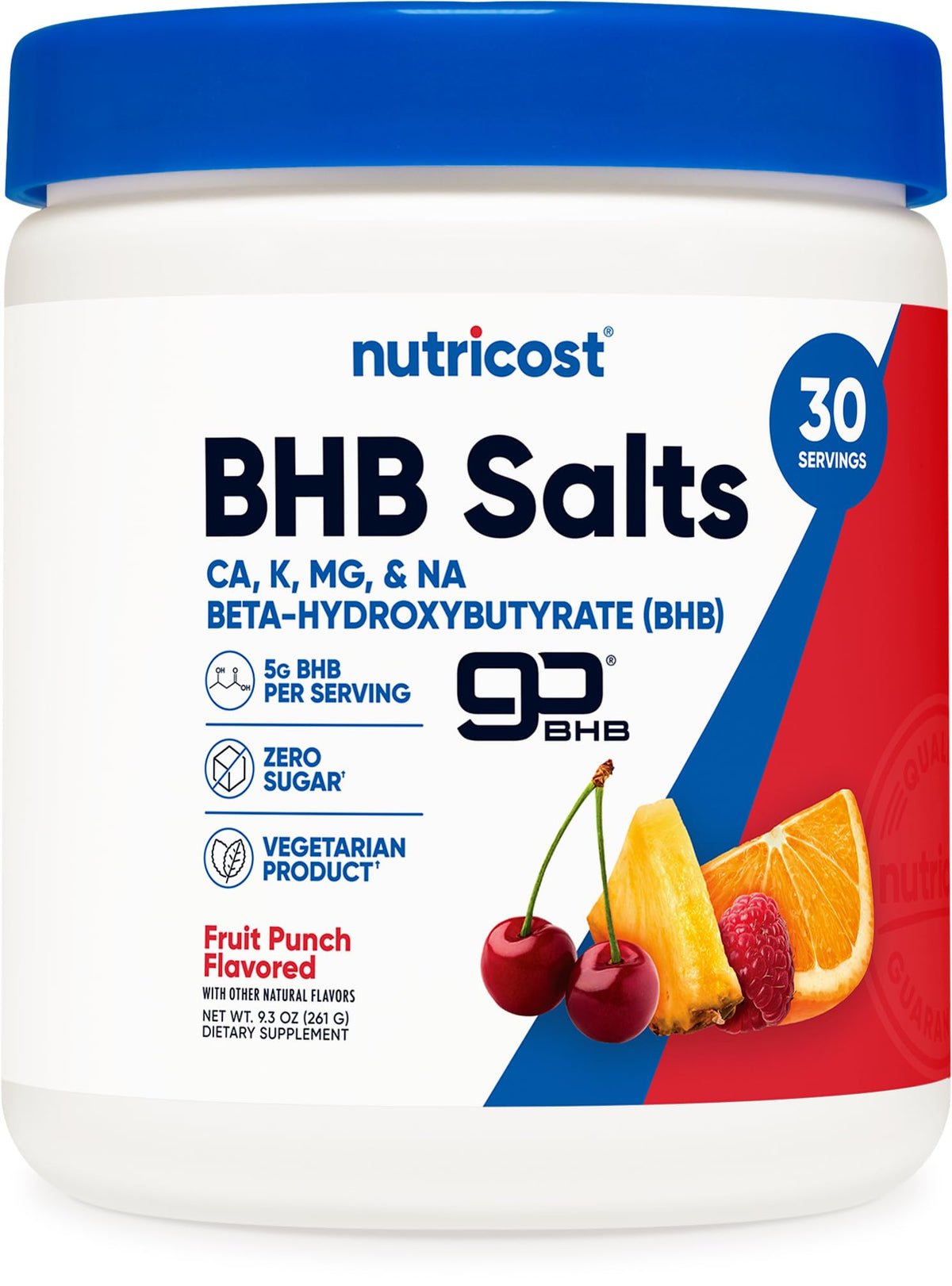 Front view of Nutricost BHB Salts Drink Mix Fruit Punch bottle