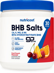 Front view of Nutricost BHB Salts Drink Mix Fruit Punch bottle