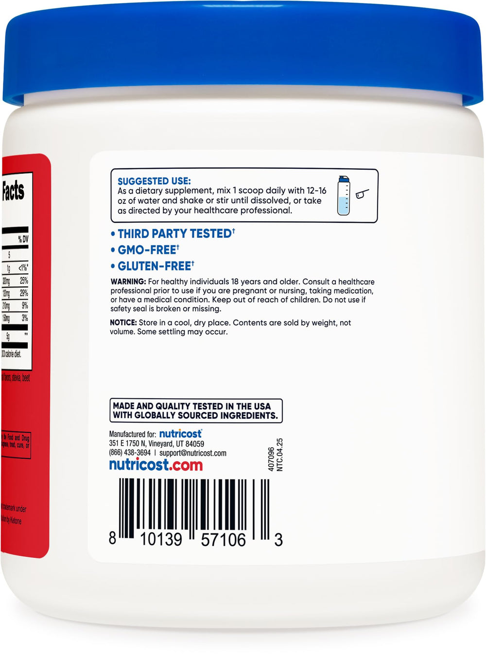 Nutrition facts panel for Nutricost BHB Salts Drink Mix Fruit Punch