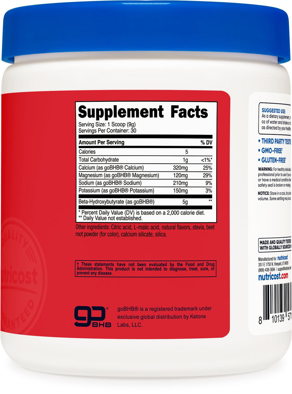 Bottle with serving scoop of Nutricost BHB Salts Drink Mix Fruit Punch