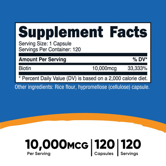 Close-up of Biotin capsules showing 10,000 mcg dosage