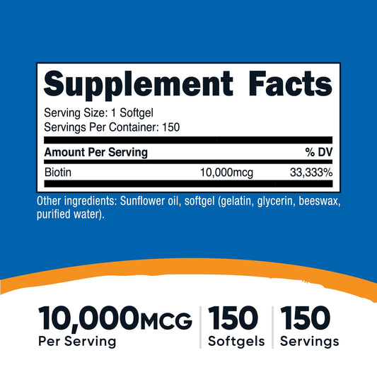 Pack shot of Nutricost Biotin 10,000 mcg softgels