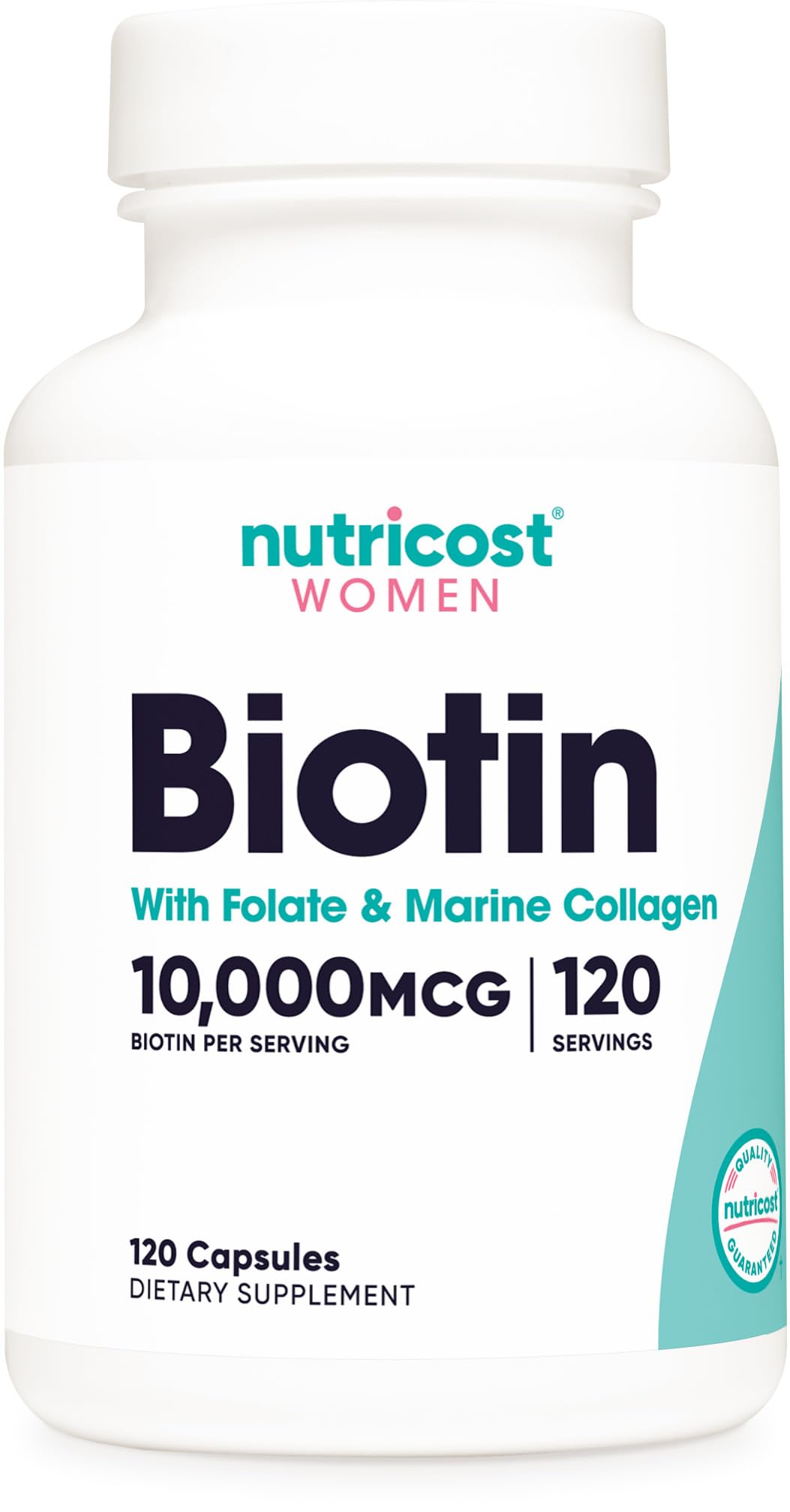 Label for Nutricost Biotin Women 10,000mcg 120 capsules