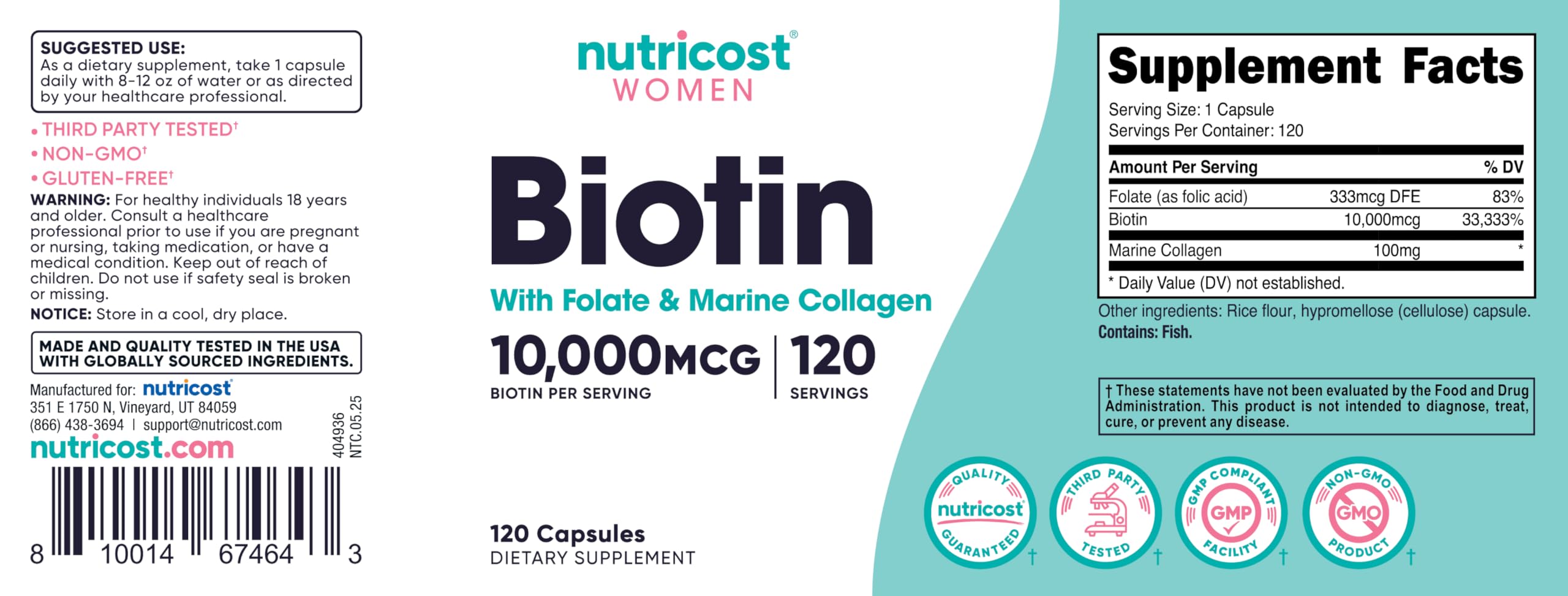 Third-party tested, gluten-free, non-GMO badge on Nutricost Biotin Women product