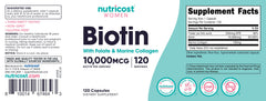 Third-party tested, gluten-free, non-GMO badge on Nutricost Biotin Women product