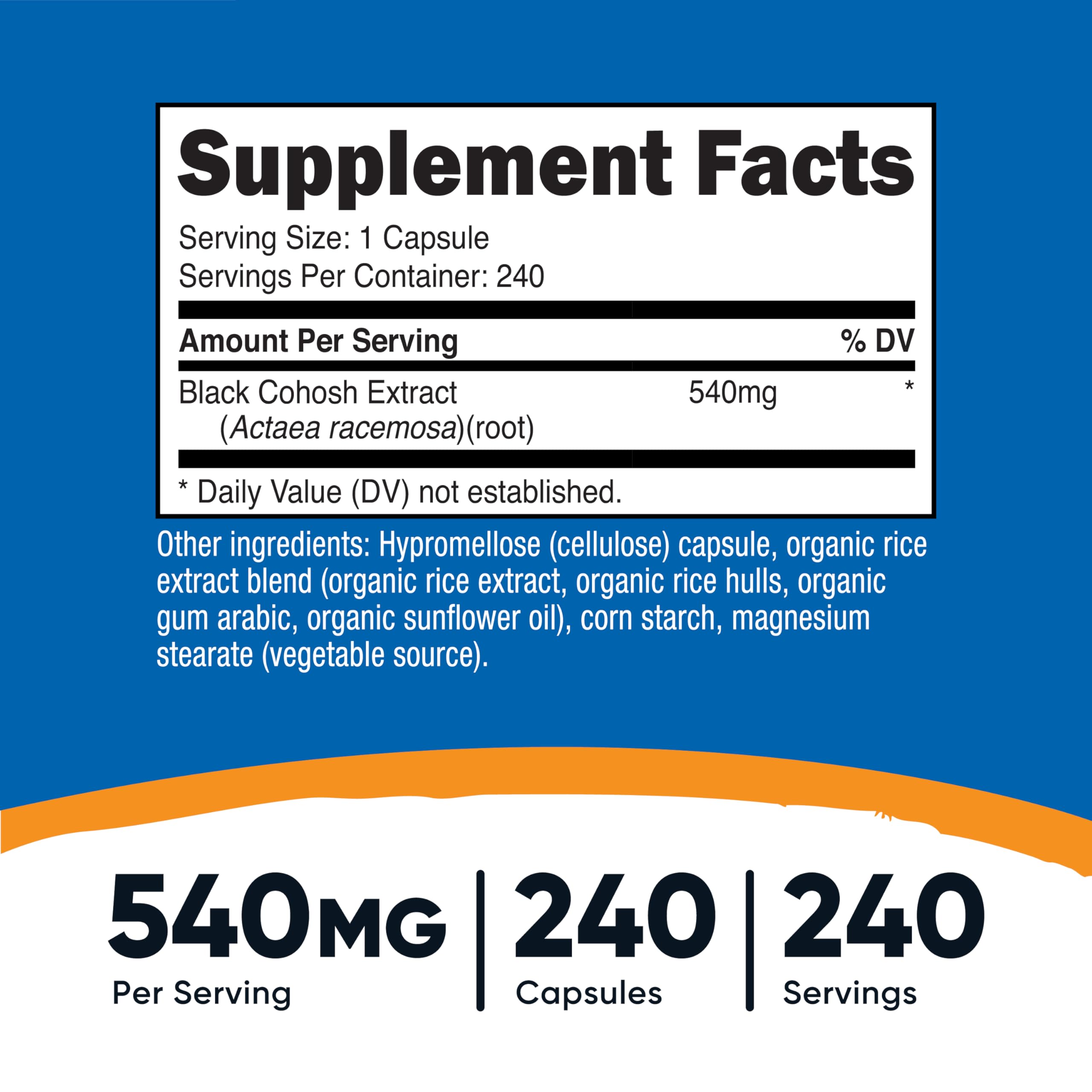 Close-up of Nutricost Black Cohosh bottle label showing 540mg per capsule