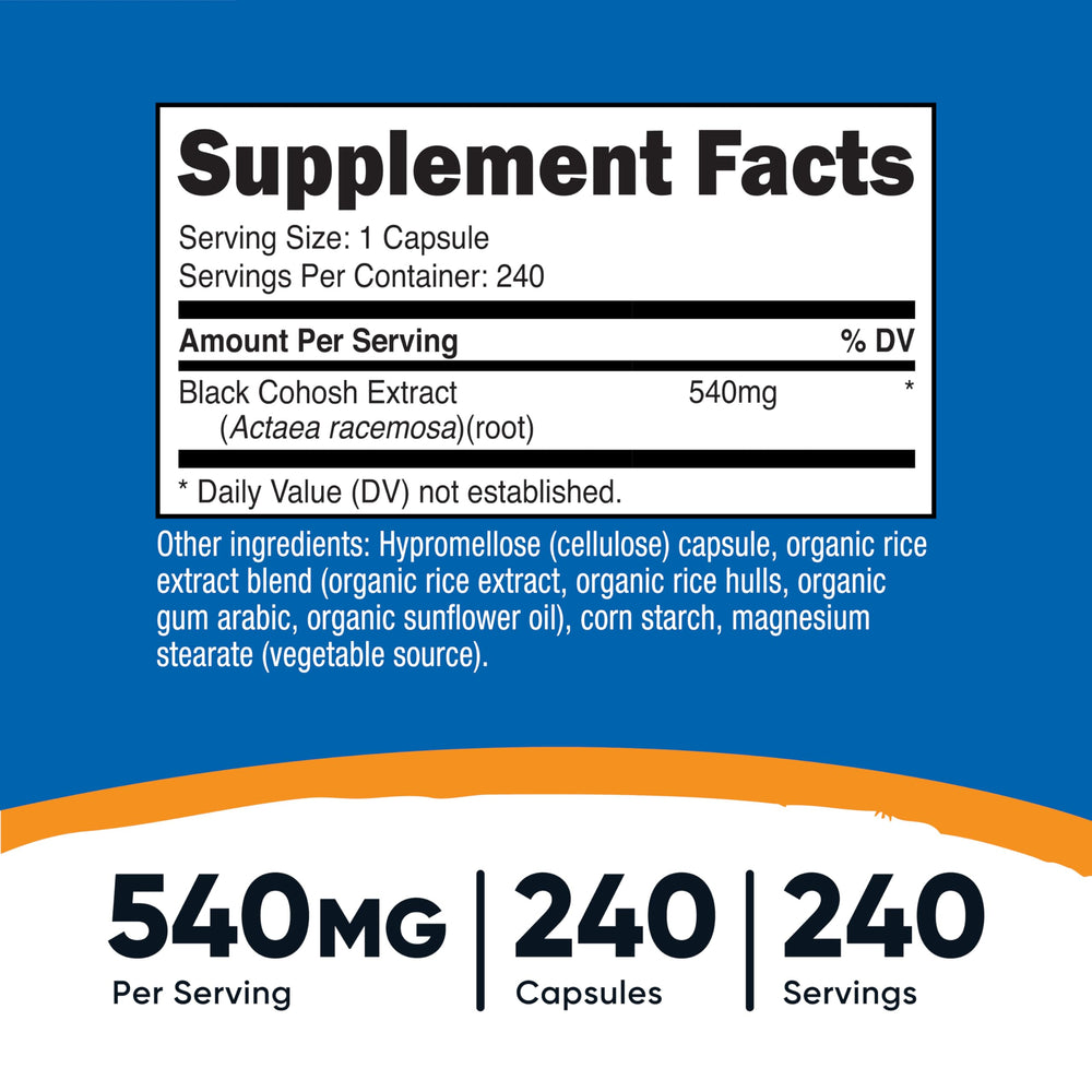 Close-up of Nutricost Black Cohosh bottle label showing 540mg per capsule