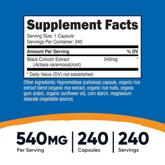 Close-up of Nutricost Black Cohosh bottle label showing 540mg per capsule
