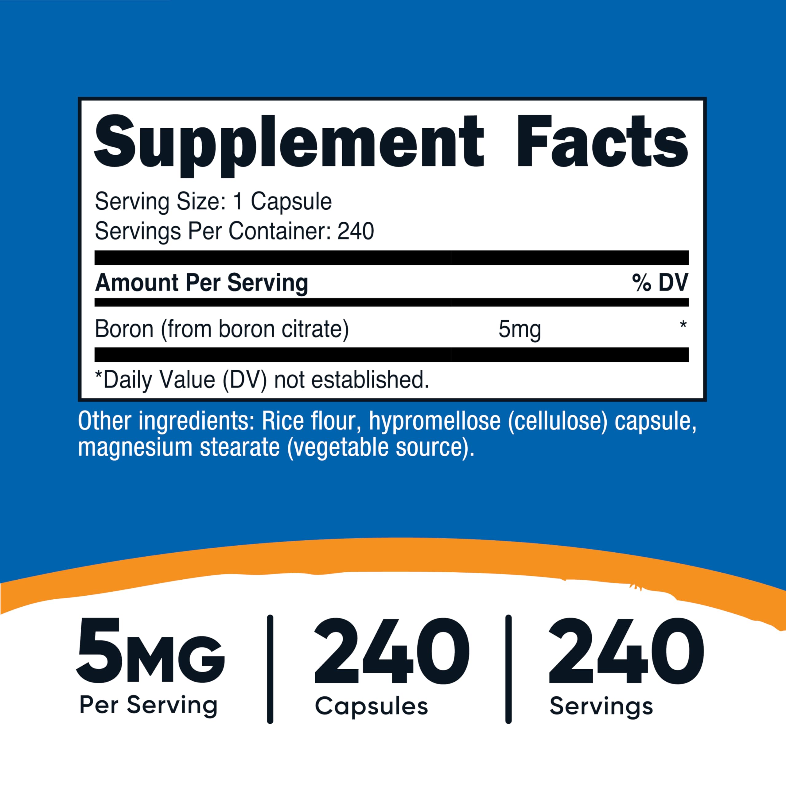 Close-up of Nutricost Boron Capsules 5mg label