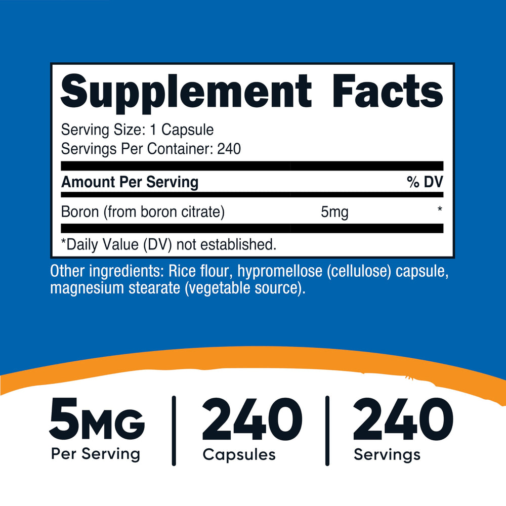 Close-up of Nutricost Boron Capsules 5mg label