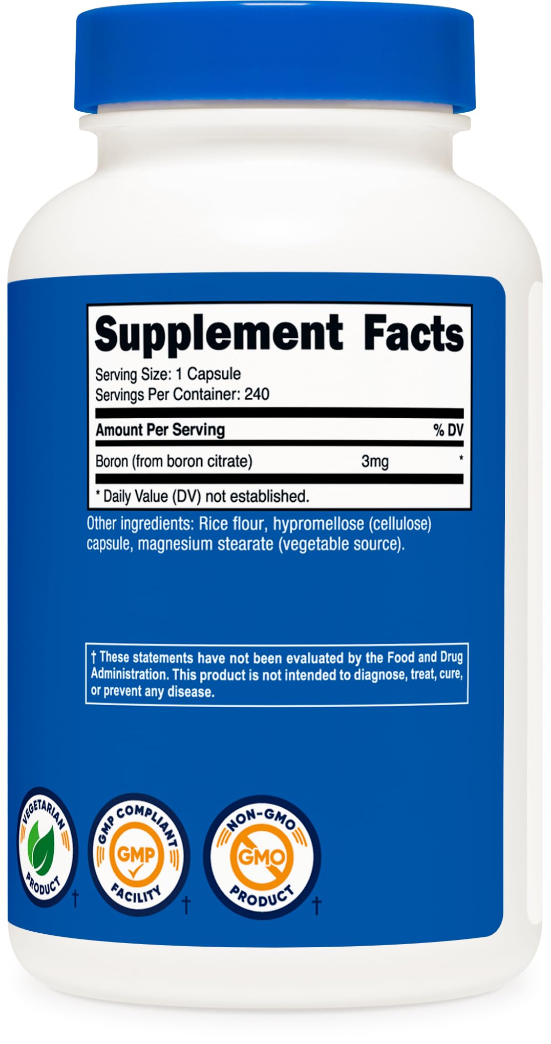 ISO-accredited lab testing and GMP facility insignia on Nutricost Boron bottle