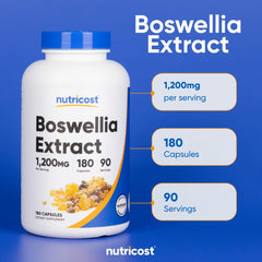 Vegan, gluten-free and non-GMO badges on Nutricost Boswellia product