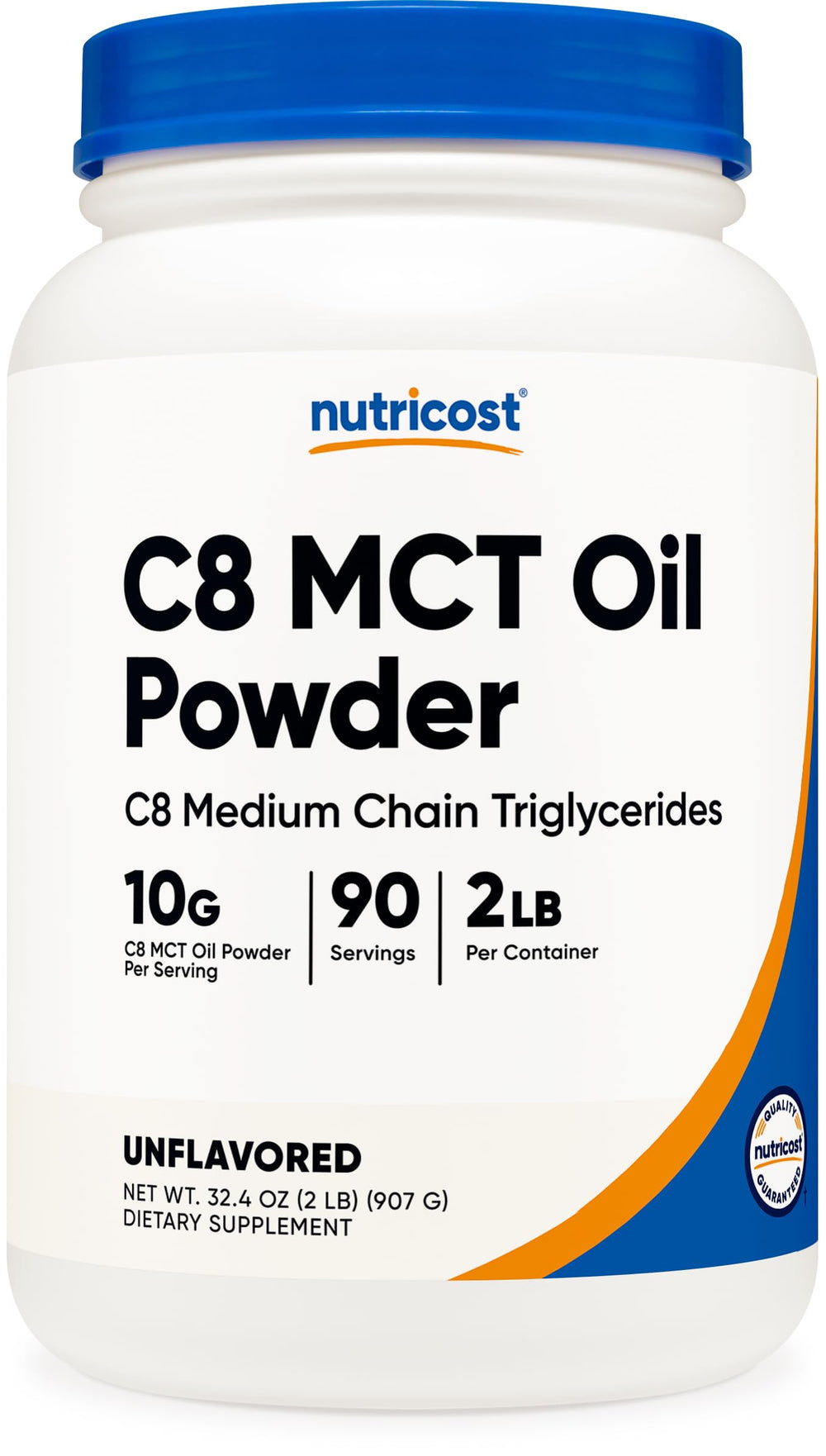 Nutricost C8 MCT Oil Powder bottle front shows 95% C8 content for clean energy