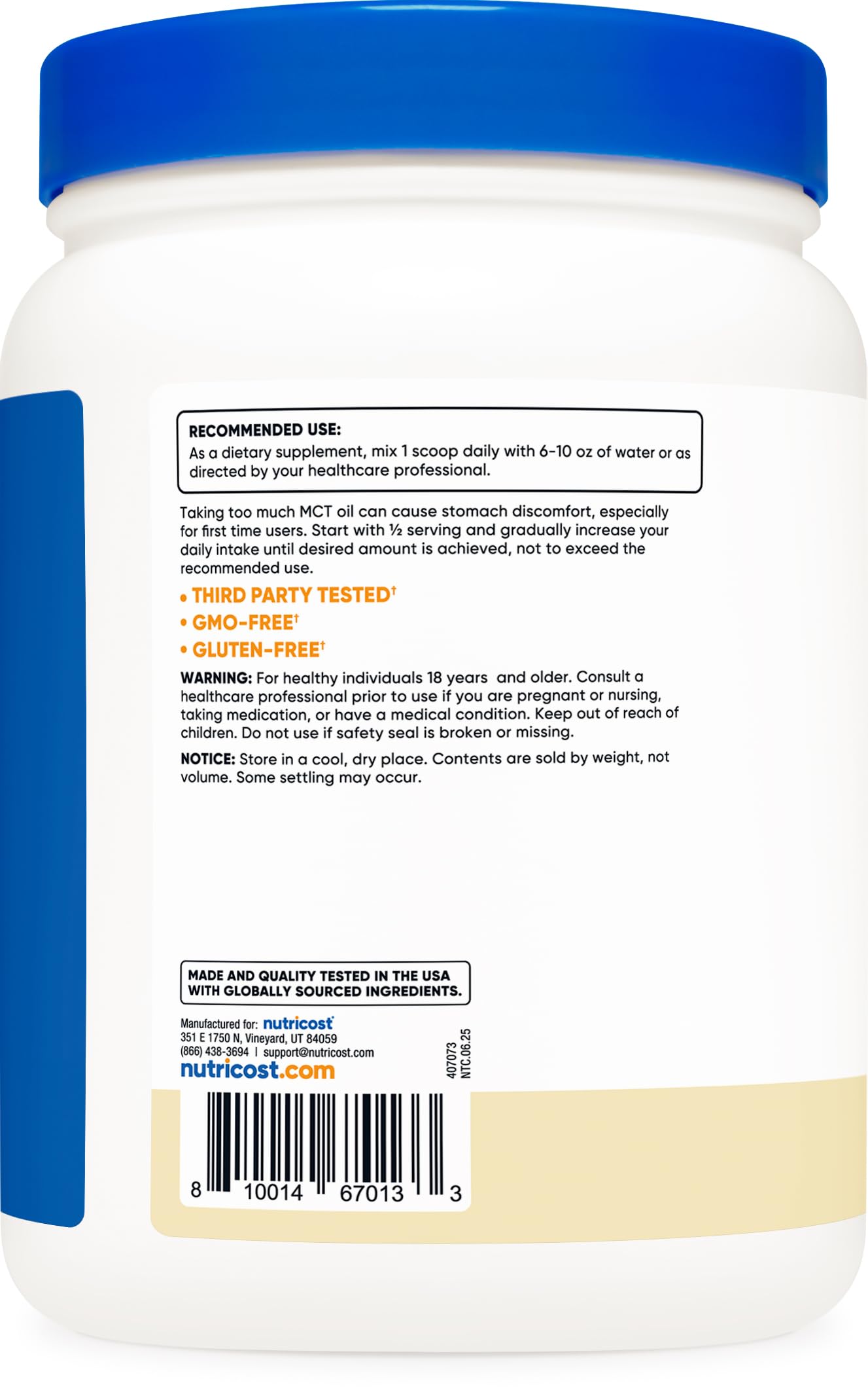 Ingredients panel for Nutricost C8 MCT Oil Powder