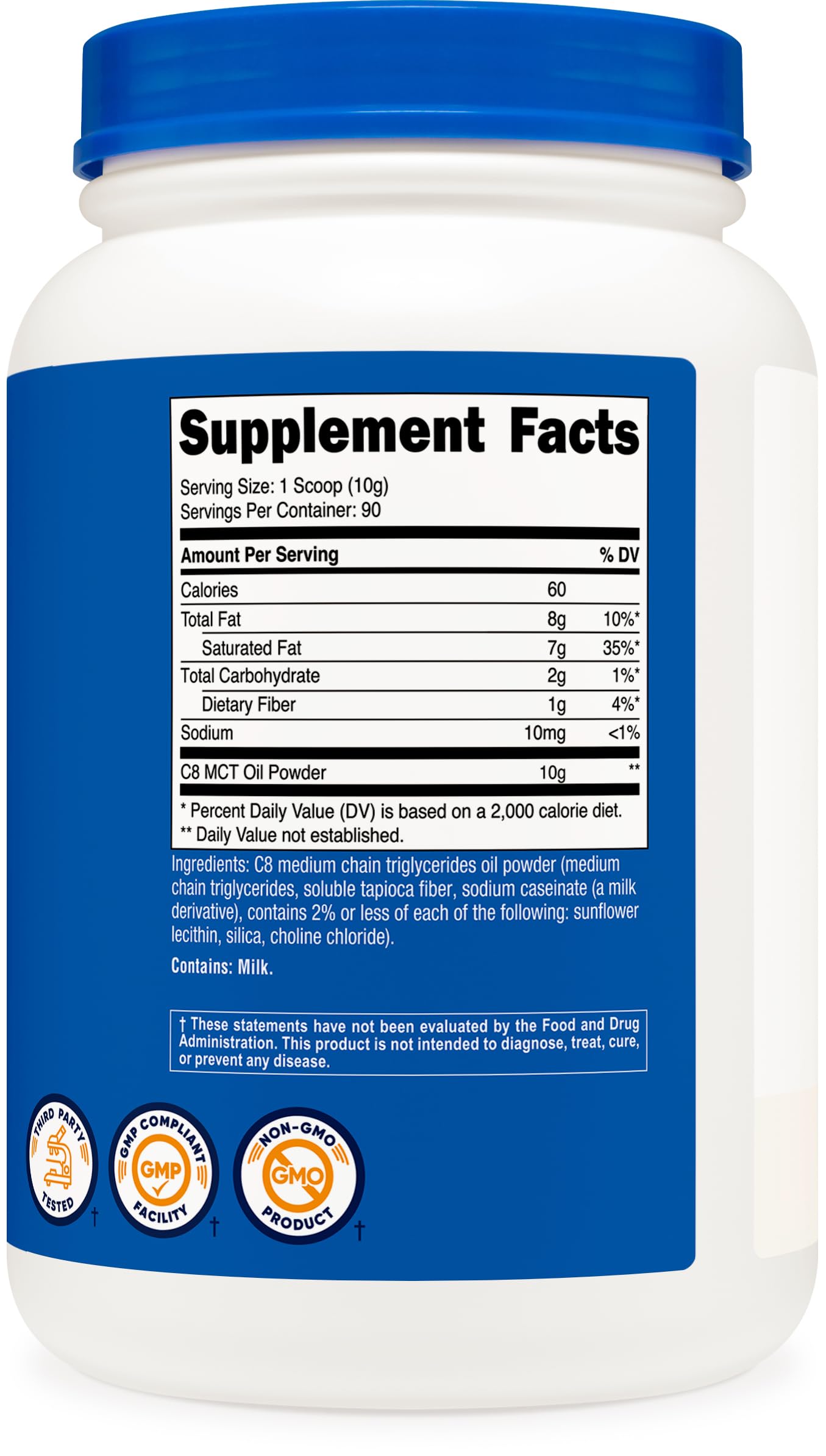 Nutricost C8 MCT Oil Powder label closeup highlights GMP and FDA registration