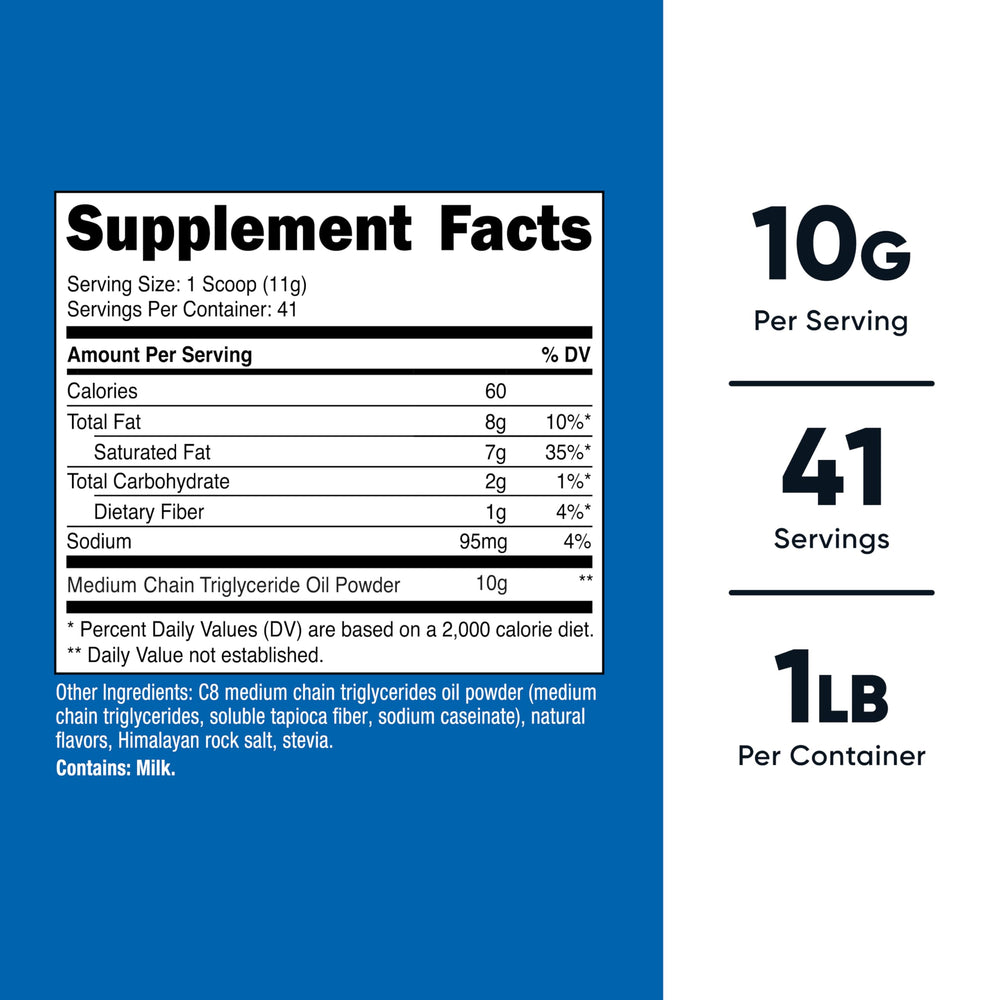Nutricost C8 MCT Oil Powder Vanilla product label showing 95% C8