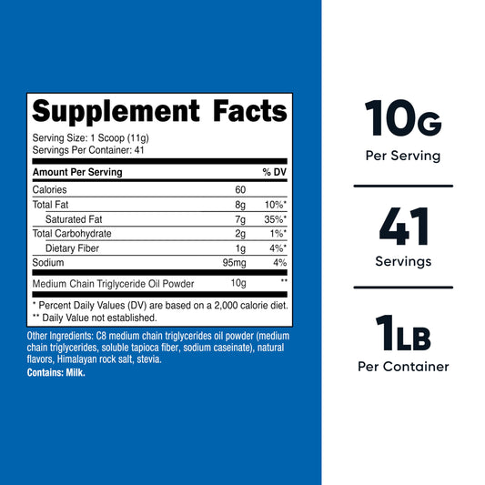Nutricost C8 MCT Oil Powder Vanilla product label showing 95% C8