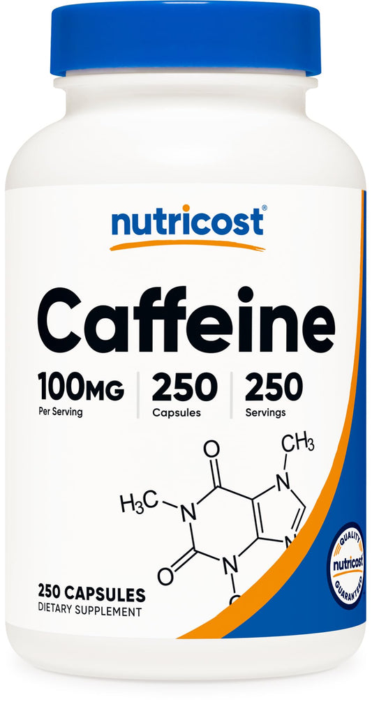 Nutricost caffeine pills 100mg per serving bottle and capsules