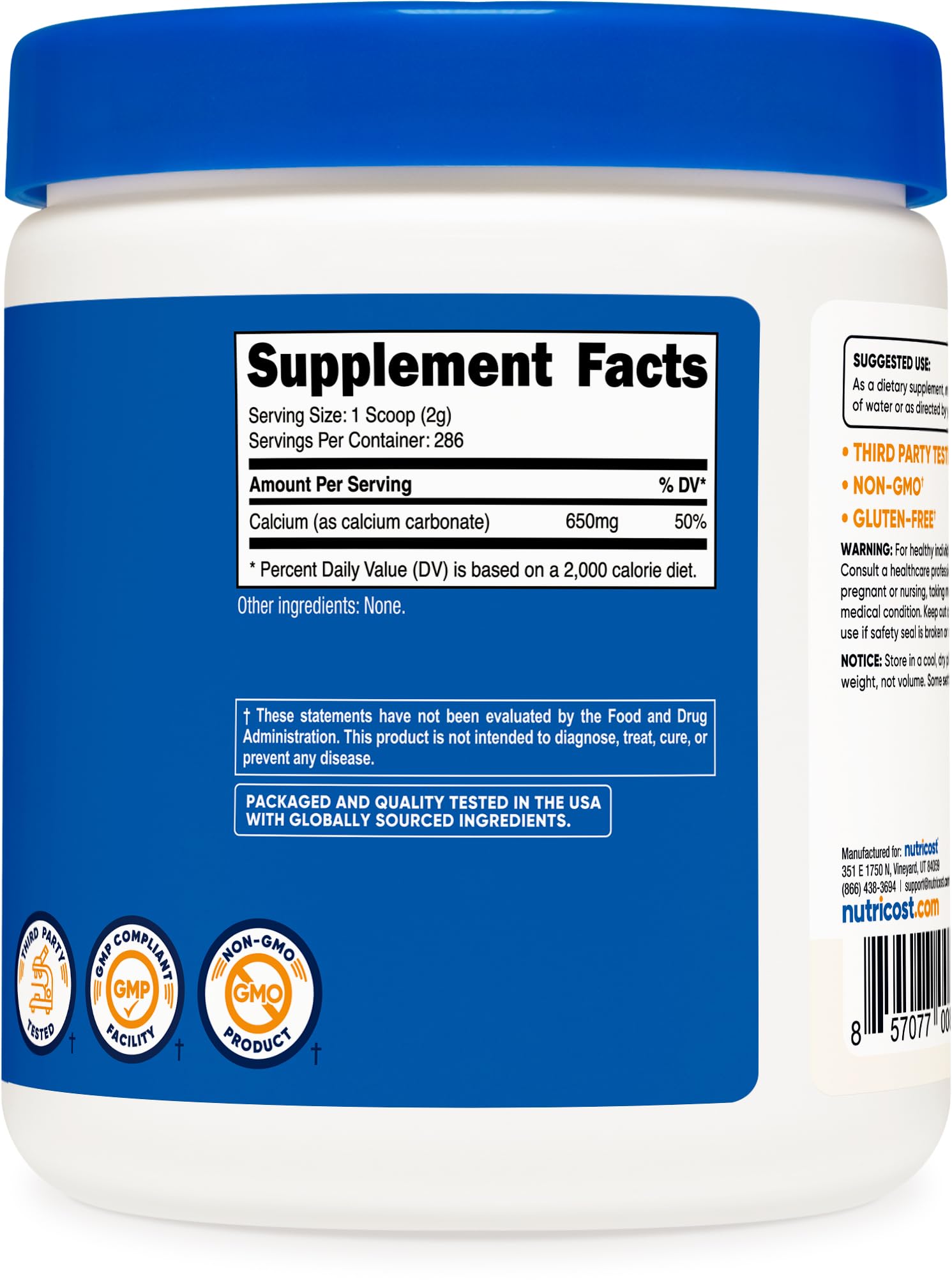 Non-GMO, gluten-free Nutricost Calcium Carbonate Powder label