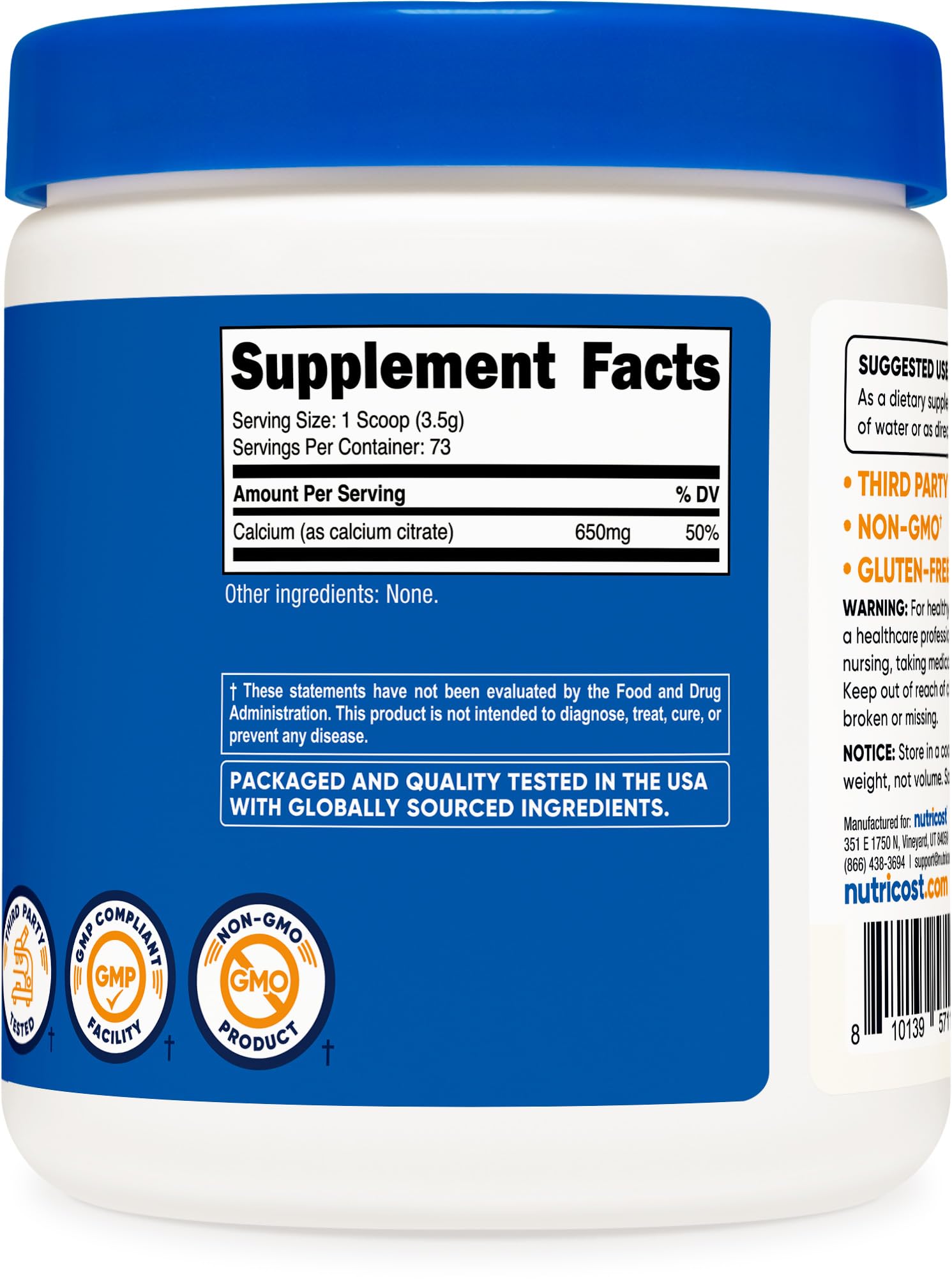 Ingredients and supplement facts for Nutricost Calcium Citrate Powder 250 g unflavored