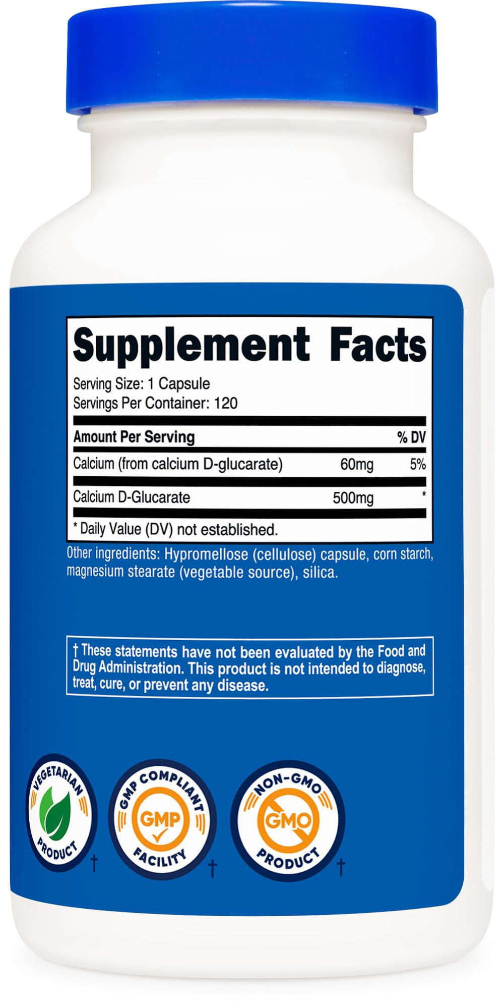 Nutrition facts label for Nutricost Calcium D-Glucarate 500mg