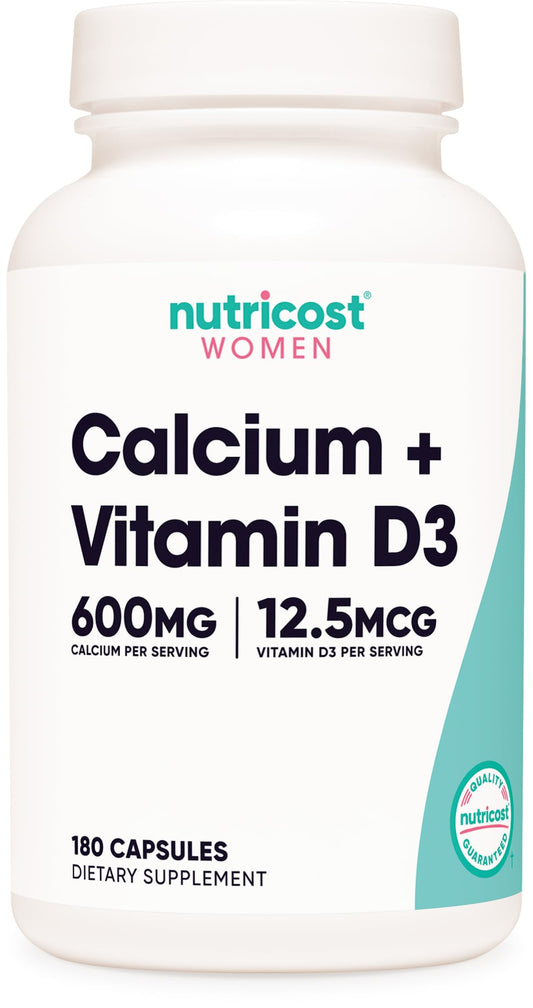 Nutricost Calcium 600mg + Vitamin D3 12.5mcg for Women bottle label