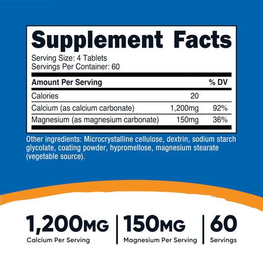Serving information showing 1200mg calcium carbonate and 150mg magnesium carbonate