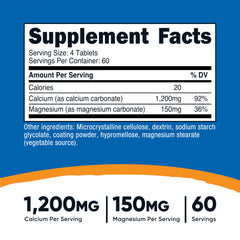Serving information showing 1200mg calcium carbonate and 150mg magnesium carbonate