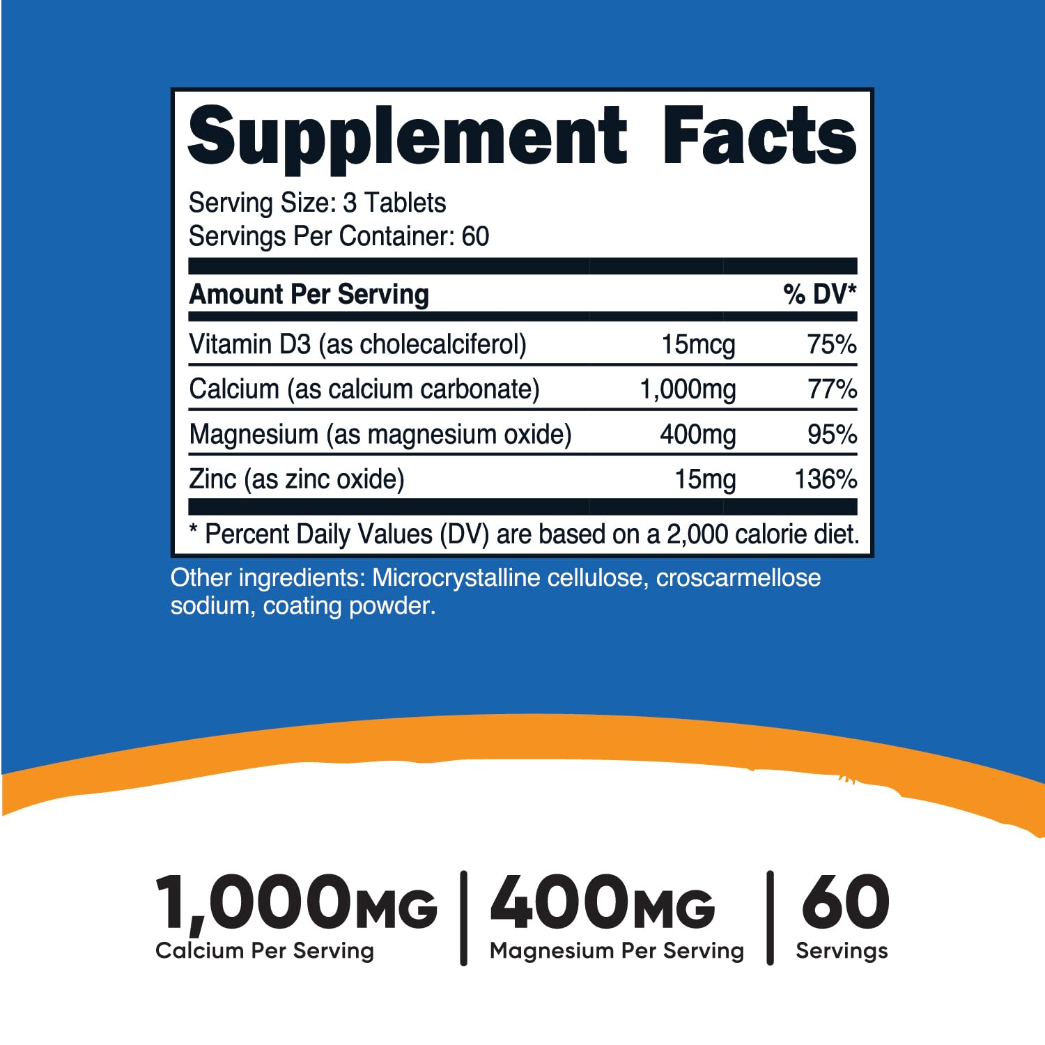 Back label with supplement facts for Nutricost Calcium Magnesium Zinc Tablets