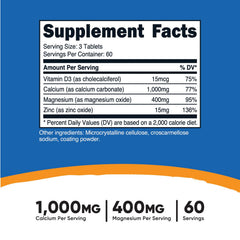 Back label with supplement facts for Nutricost Calcium Magnesium Zinc Tablets