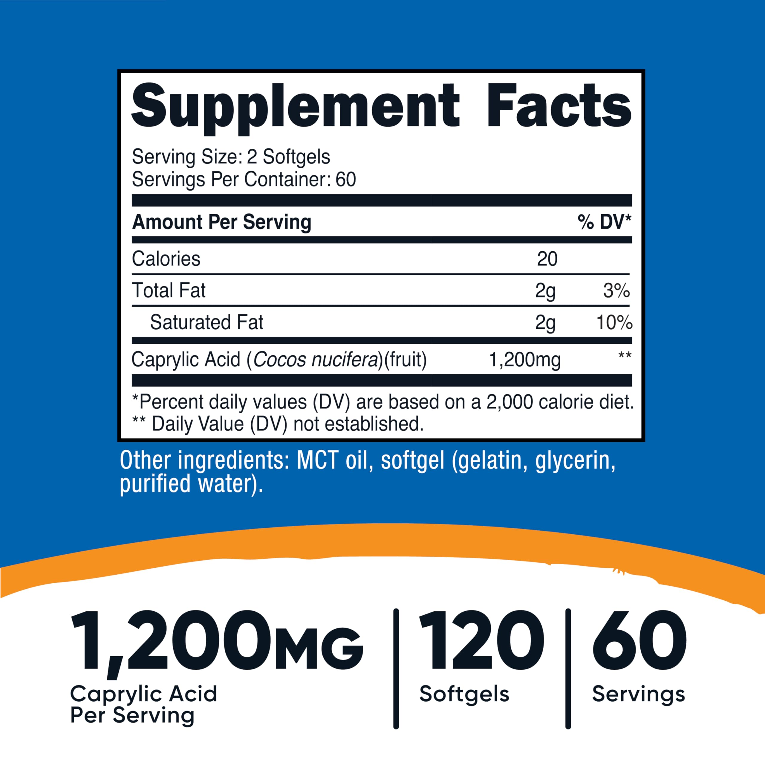 Caprylic Acid 1200mg bottle showing capsules