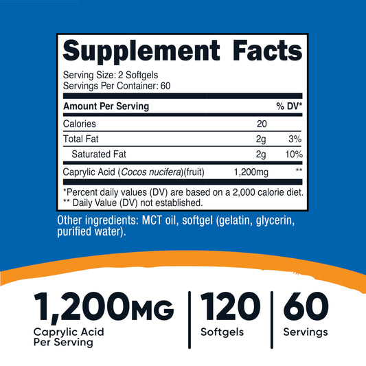 Caprylic Acid 1200mg bottle showing capsules