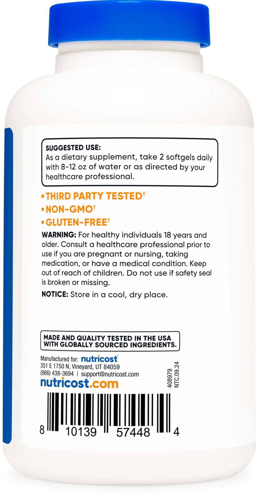 GMO Free and Gluten Free indicators on Nutricost packaging