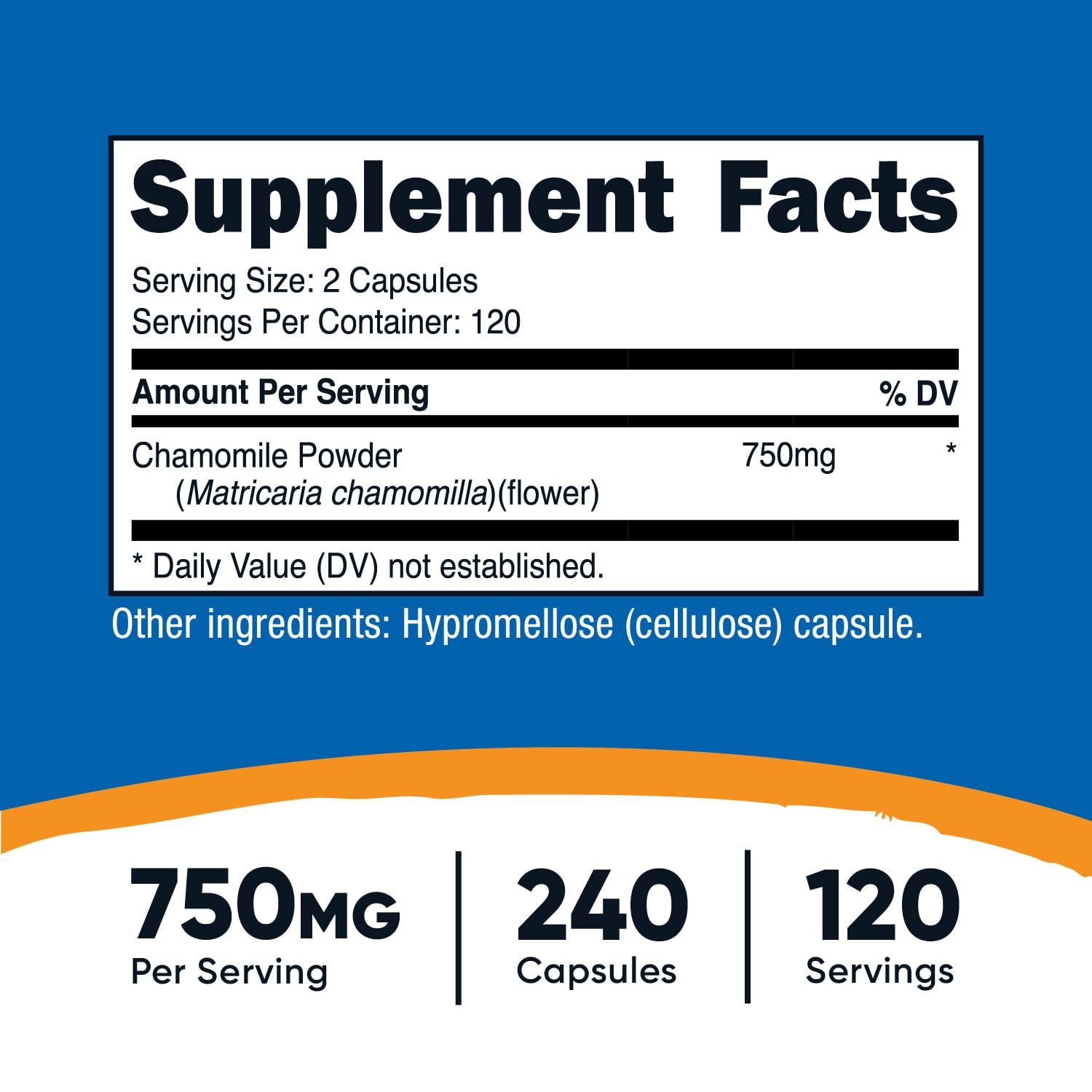 Close up of Nutricost Chamomile 750mg label