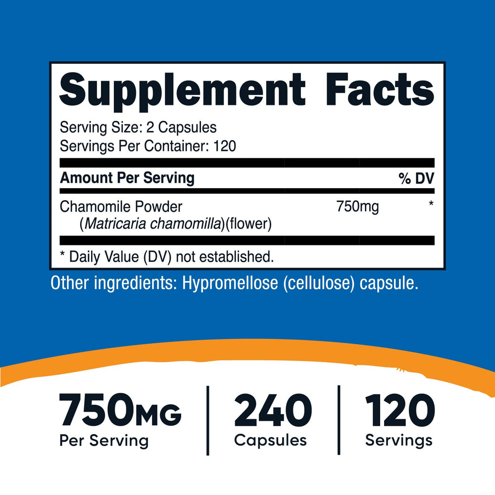 Close up of Nutricost Chamomile 750mg label