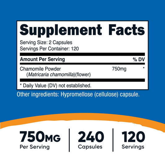 Close up of Nutricost Chamomile 750mg label