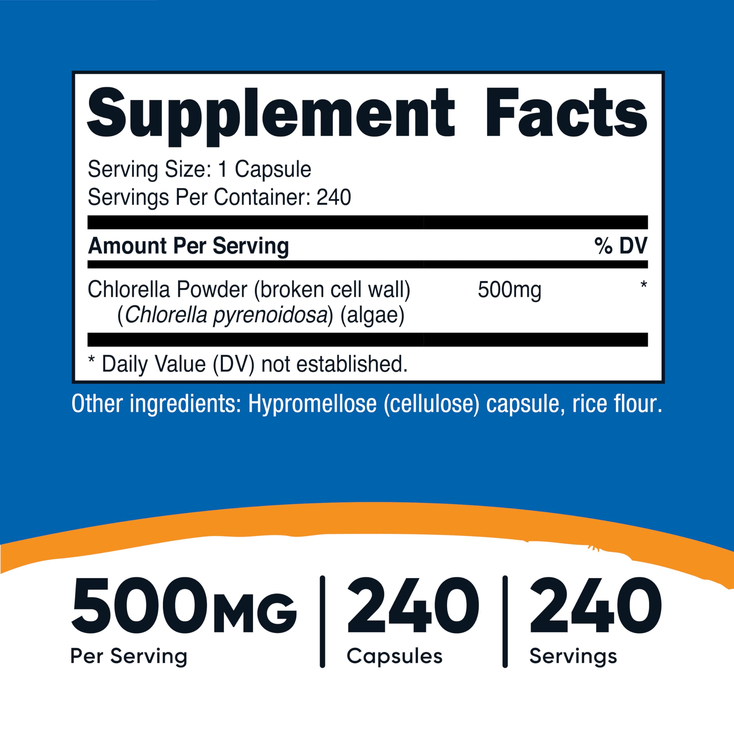 Close-up of Nutricost Chlorella bottle label