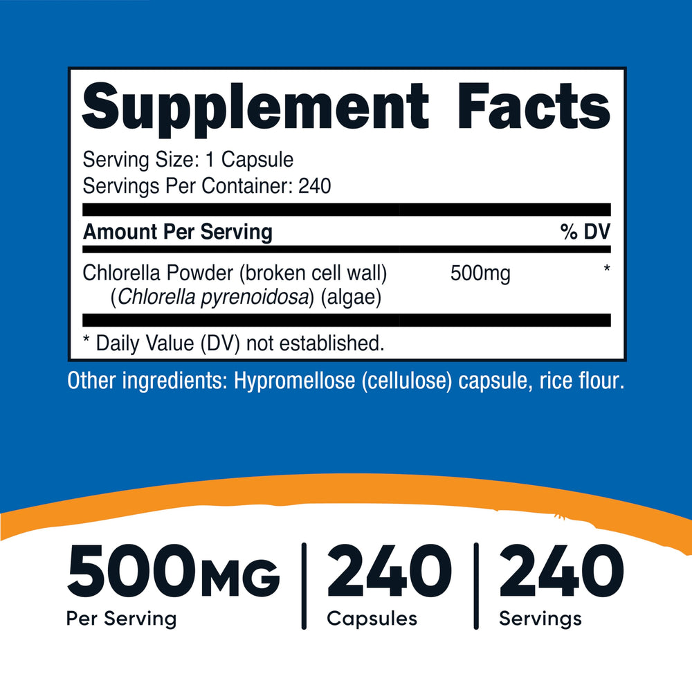 Close-up of Nutricost Chlorella bottle label