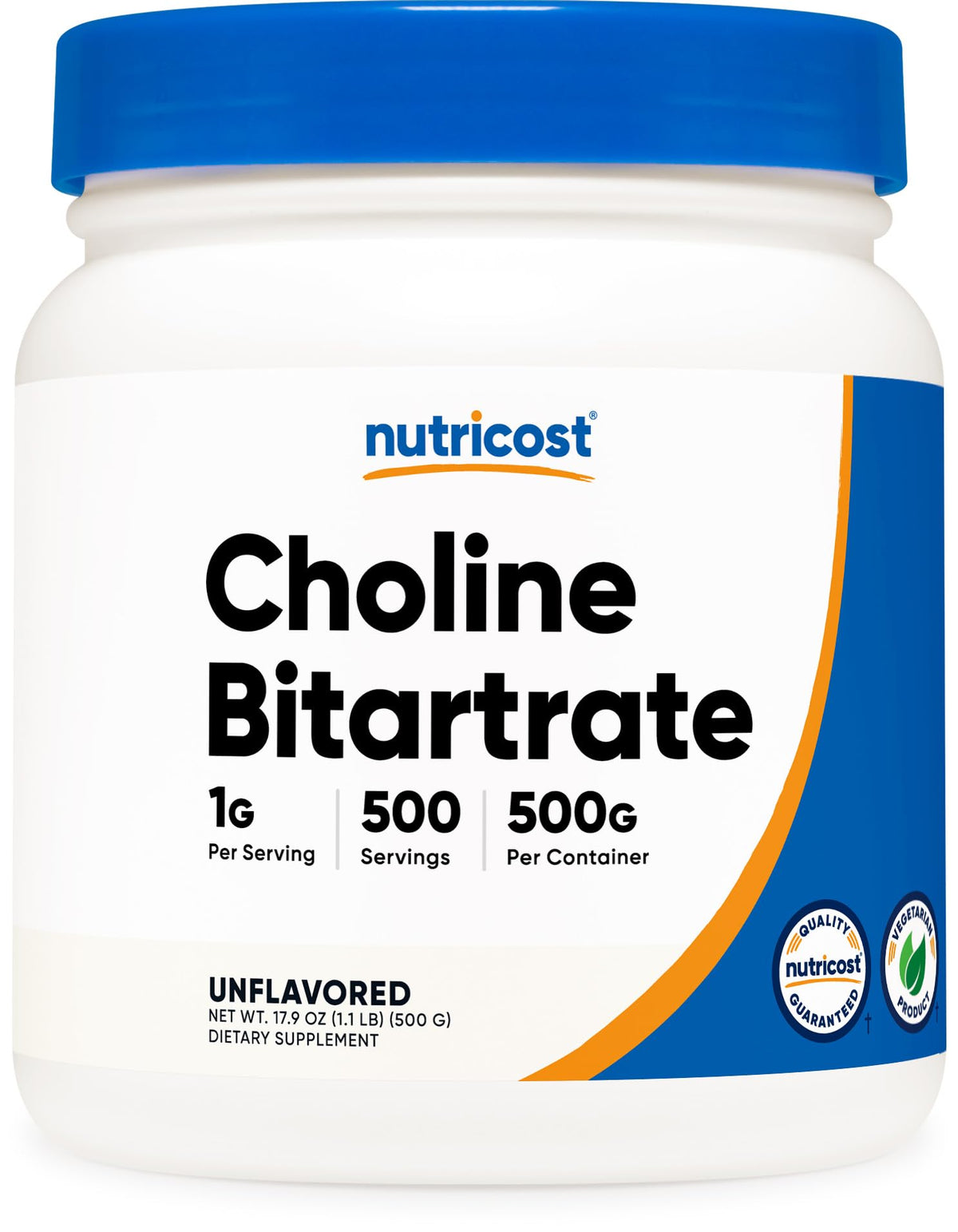 Front view of Nutricost Choline Bitartrate Powder 500g container