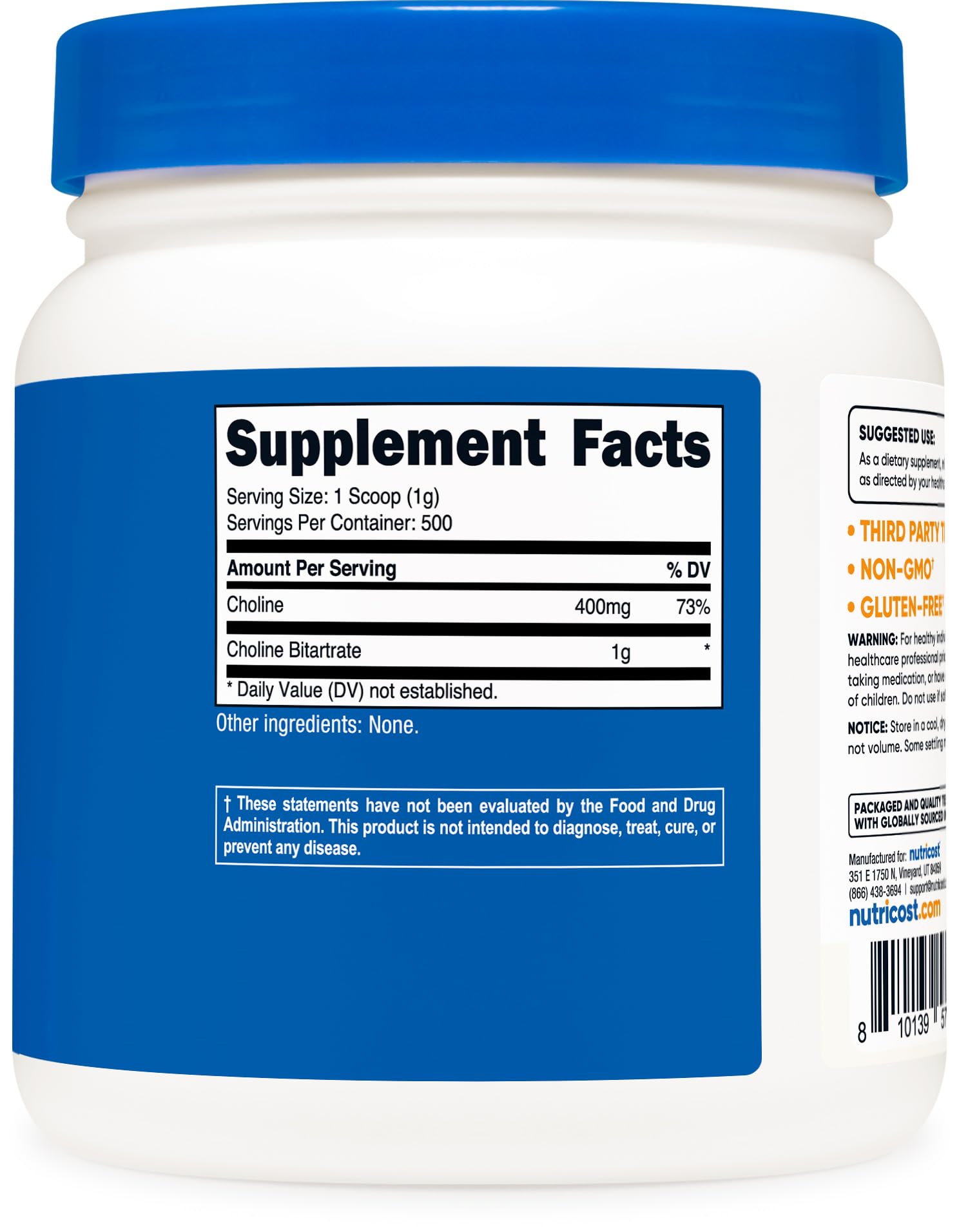 Gluten free and Non-GMO Nutricost Choline Bitartrate Powder 500g