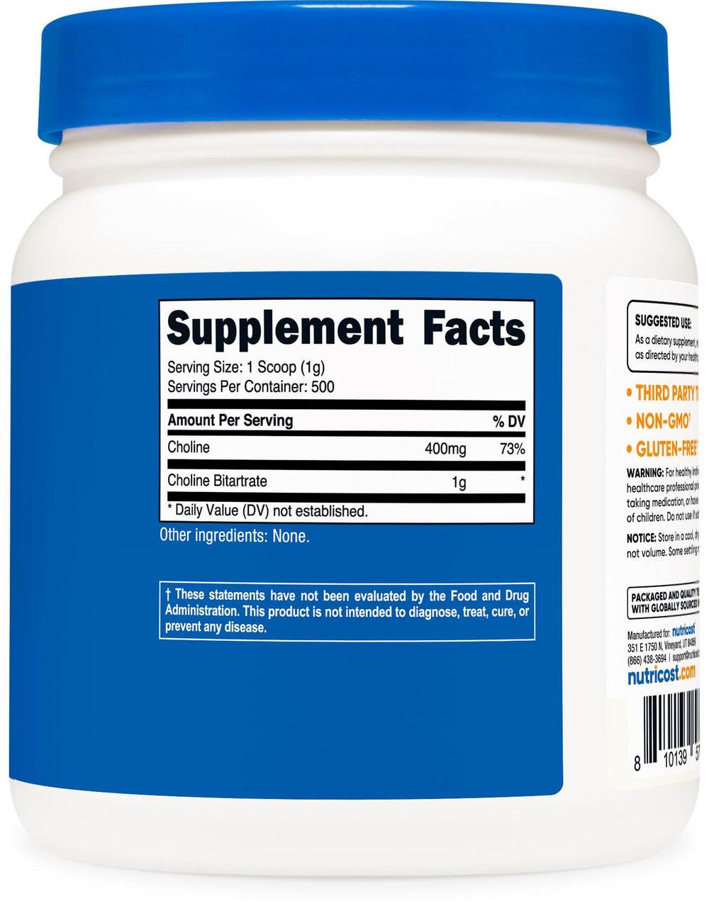 Gluten free and Non-GMO Nutricost Choline Bitartrate Powder 500g