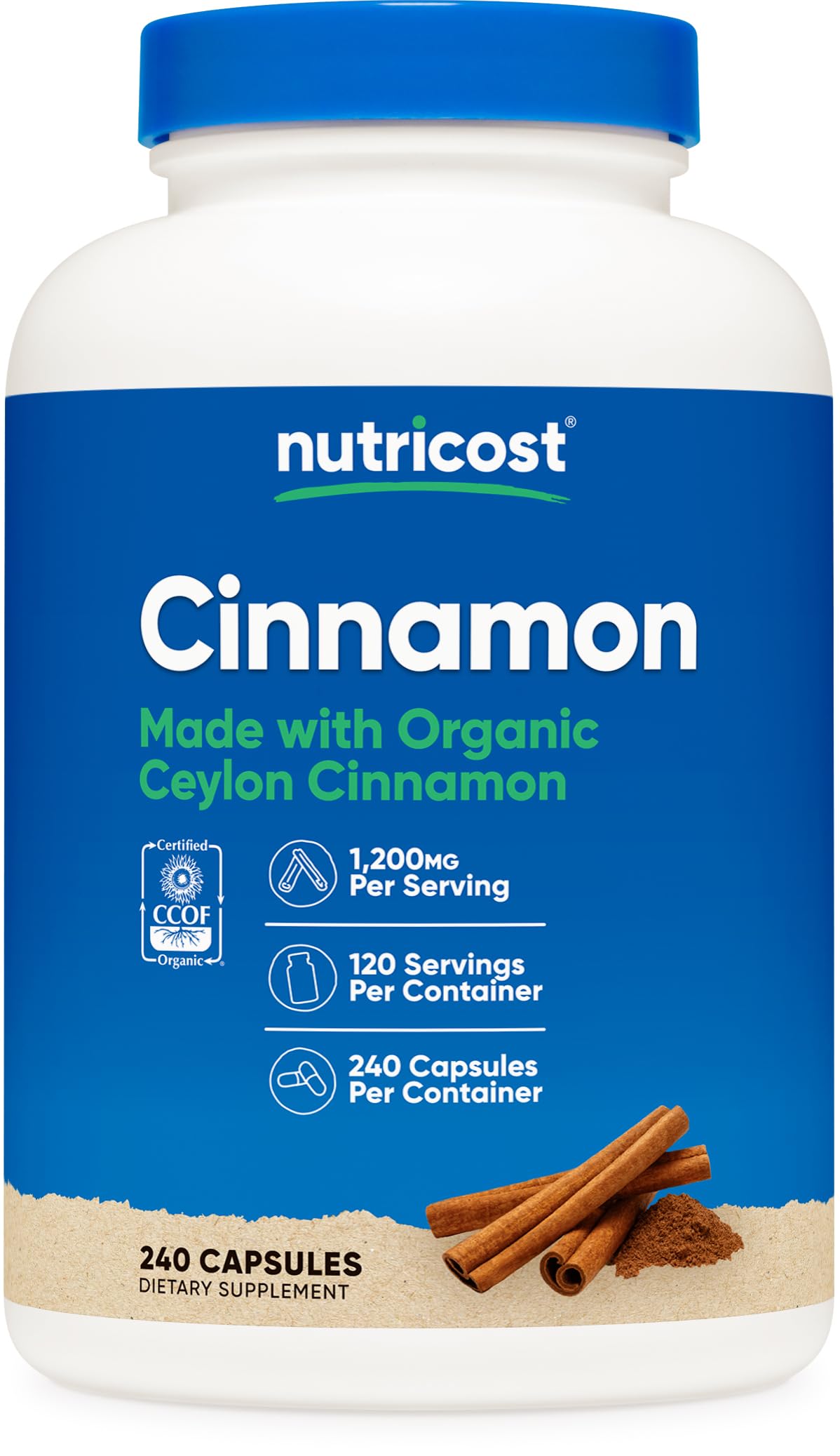 Nutricost Cinnamon Capsules bottle label showing 240 capsules and 1200mg per serving