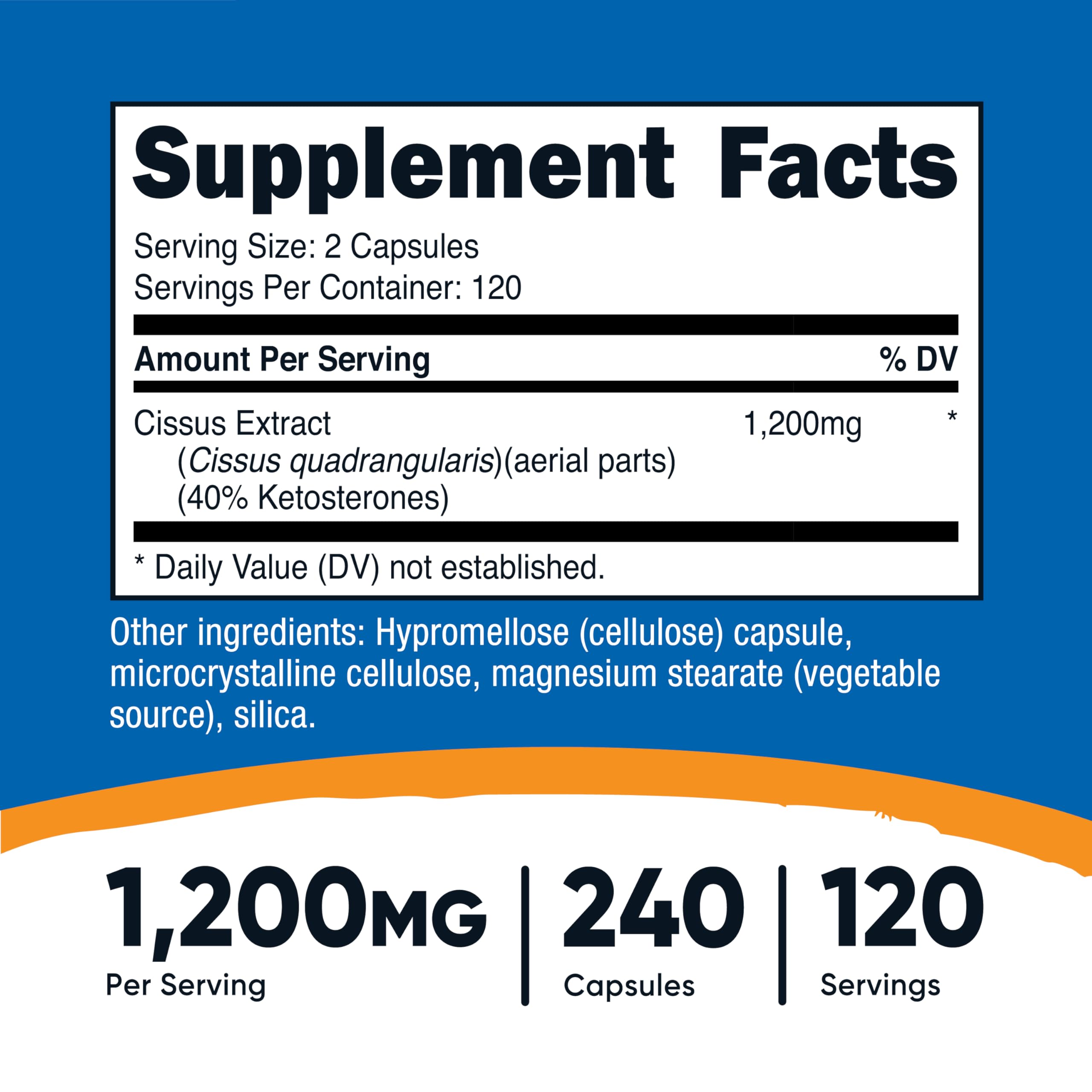 Bottle and 240 capsules with label displaying 1,200 mg per serving